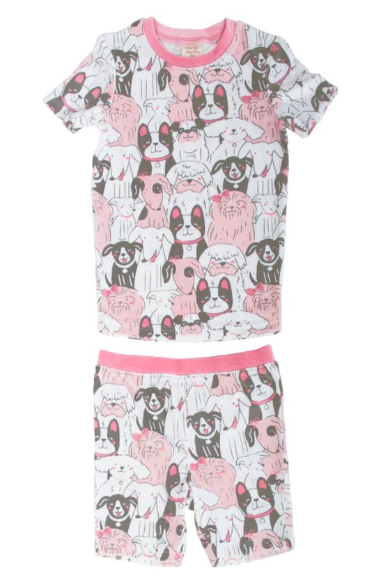 Munki Munki Kids' Puppy Pile Fitted Two-piece Short Pajamas In White Pink