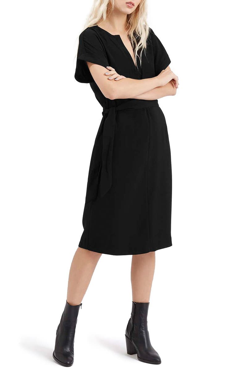 TOPSHOP Belted A-Line Dress, Main, color, BLACK