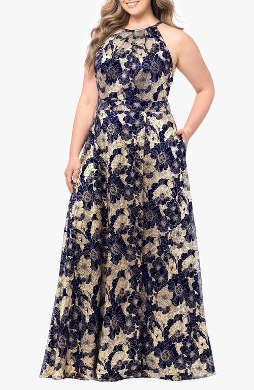 Shop Betsy & Adam Metallic Floral Gown In Navy/gold