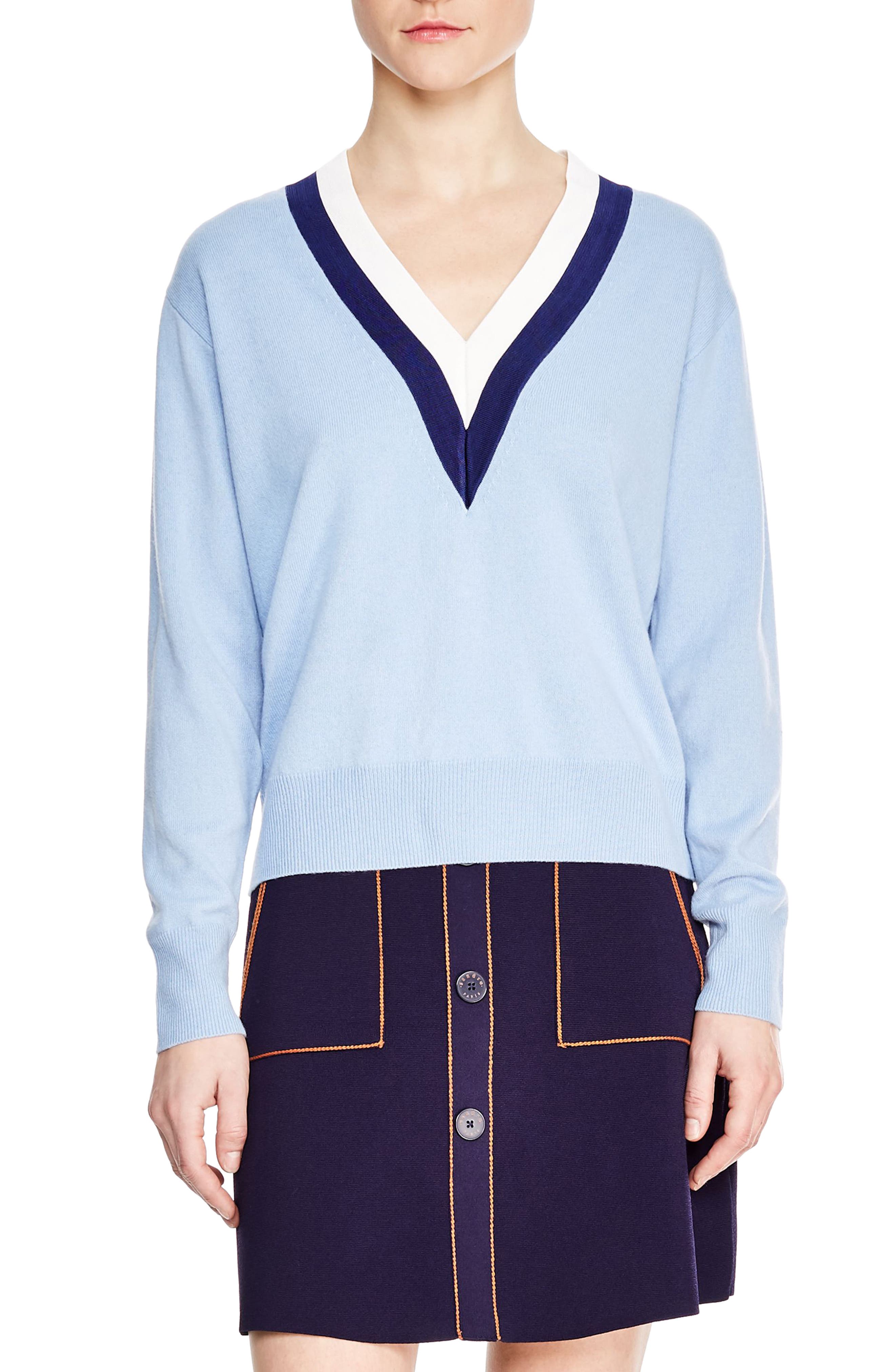 Sandro Nael Stripe Wool & Cashmere Sweater, Blue