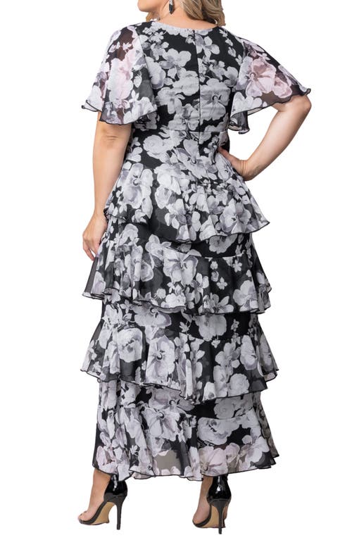 Kiyonna Tour De Flounce Tiered Maxi Dress In Grayscale Blooms