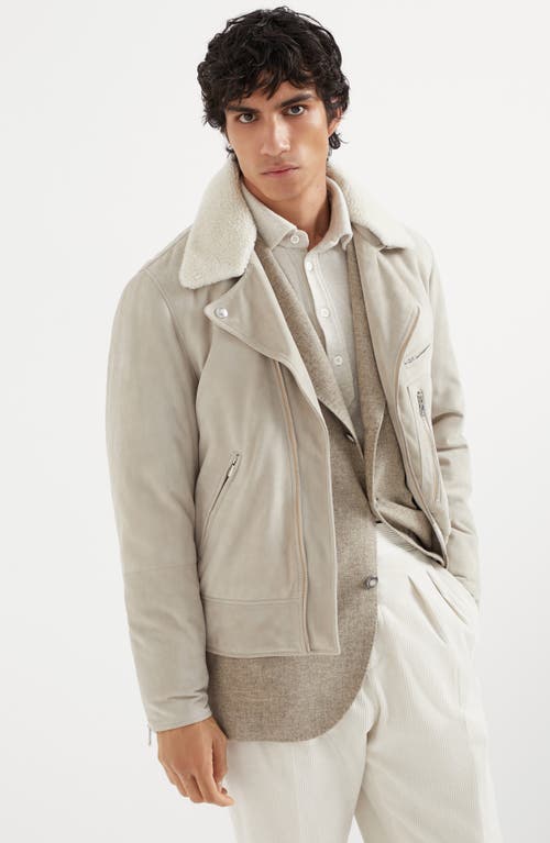 Shop Brunello Cucinelli Suede Biker Jacket With Thermore® Padding And Detachable Shearling Collar In Stone Grey