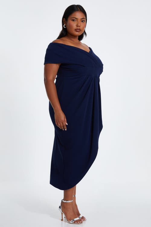 Quiz Plus Size Bardot Pleated Detail Midi Dress In Navy