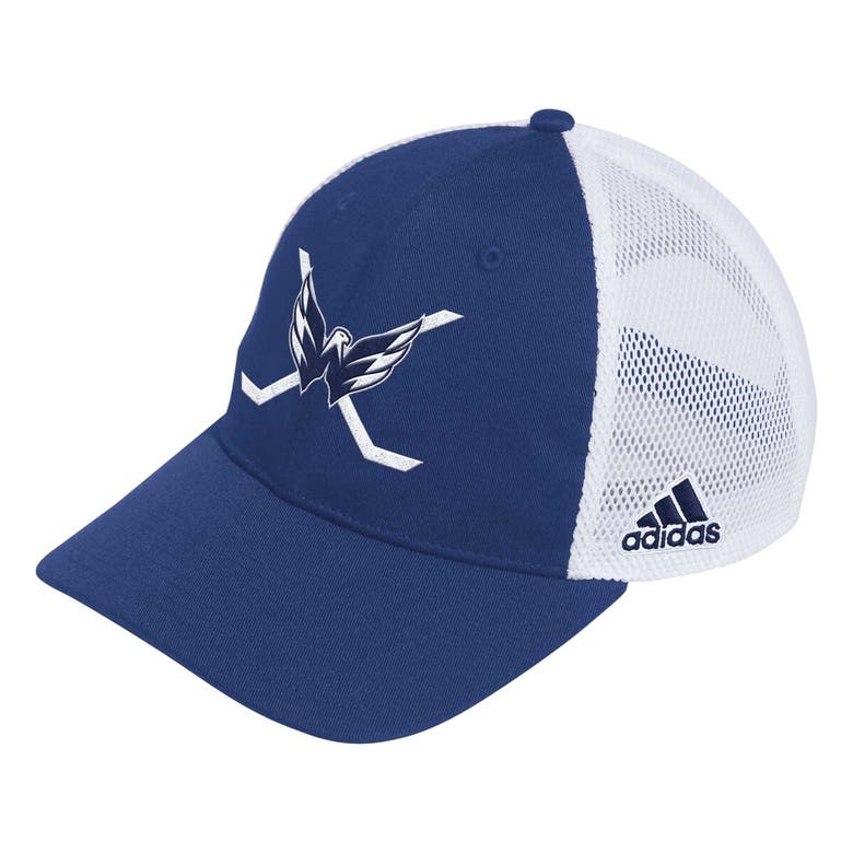 Shop Adidas Originals Adidas Navy/white Washington Capitals Cross Sticks Trucker Adjustable Hat