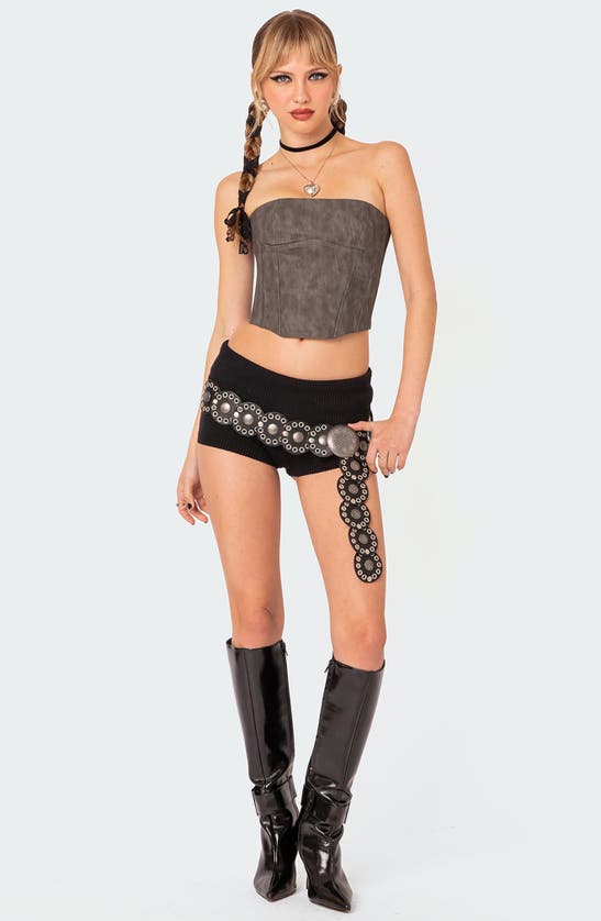 Shop Edikted Christa Strapless Faux Leather Corset Crop Top In Gray
