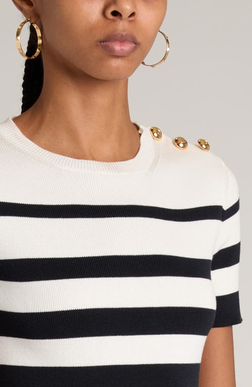 Shop Valentino Garavani Stripe Button Detail Short Sleeve Sweater In Navy/avorio