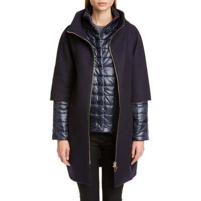 Herno Wool Blend Cocoon Coat With Removable Sleeves & Bib, 8 IT - Blue