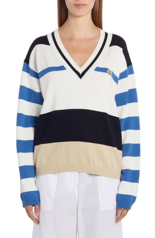 Moncler Stripe V-neck Sweater in Blue Multi