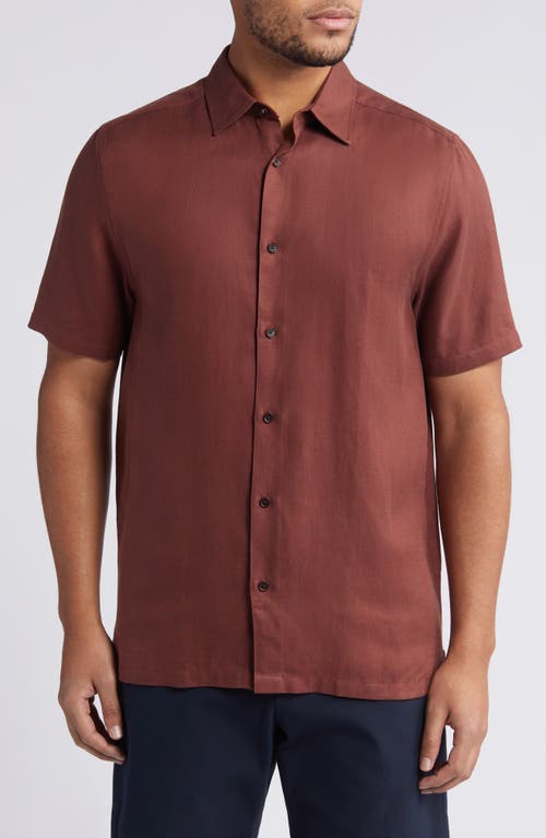 Regular Fit Solid Short Sleeve Button-Up Shirt in Dark Brown