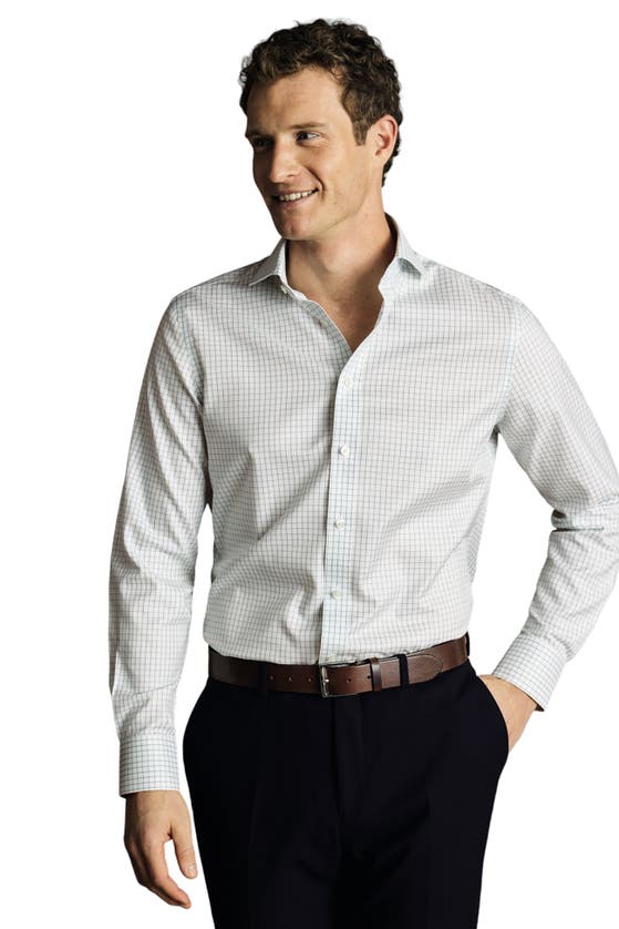 Charles Tyrwhitt Check Non-iron Twill Cutaway Slim Fit Shirt Single Cuff In Atlantic Green
