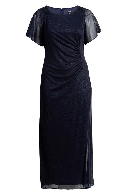 Sl Fashions Plus Size Flutter-sleeve Side-ruched Glitter Gown In Navy