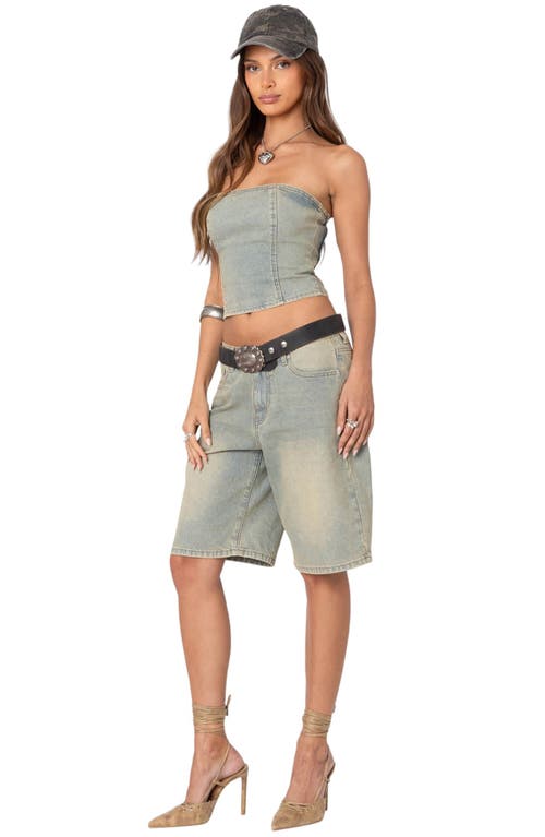 Shop Edikted Shira Cotton Denim Sleeveless Crop Top In Blue-washed