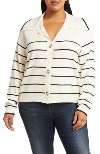 By Design Hadley Stripe Button Front Cardigan In Gardenia/navy Blazer