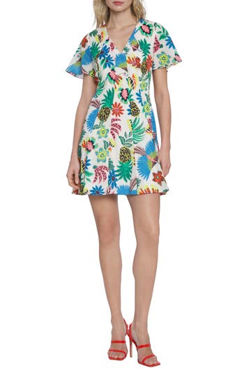 Donna Morgan For Maggy Tropical Minidress In Ivory/pool Blue