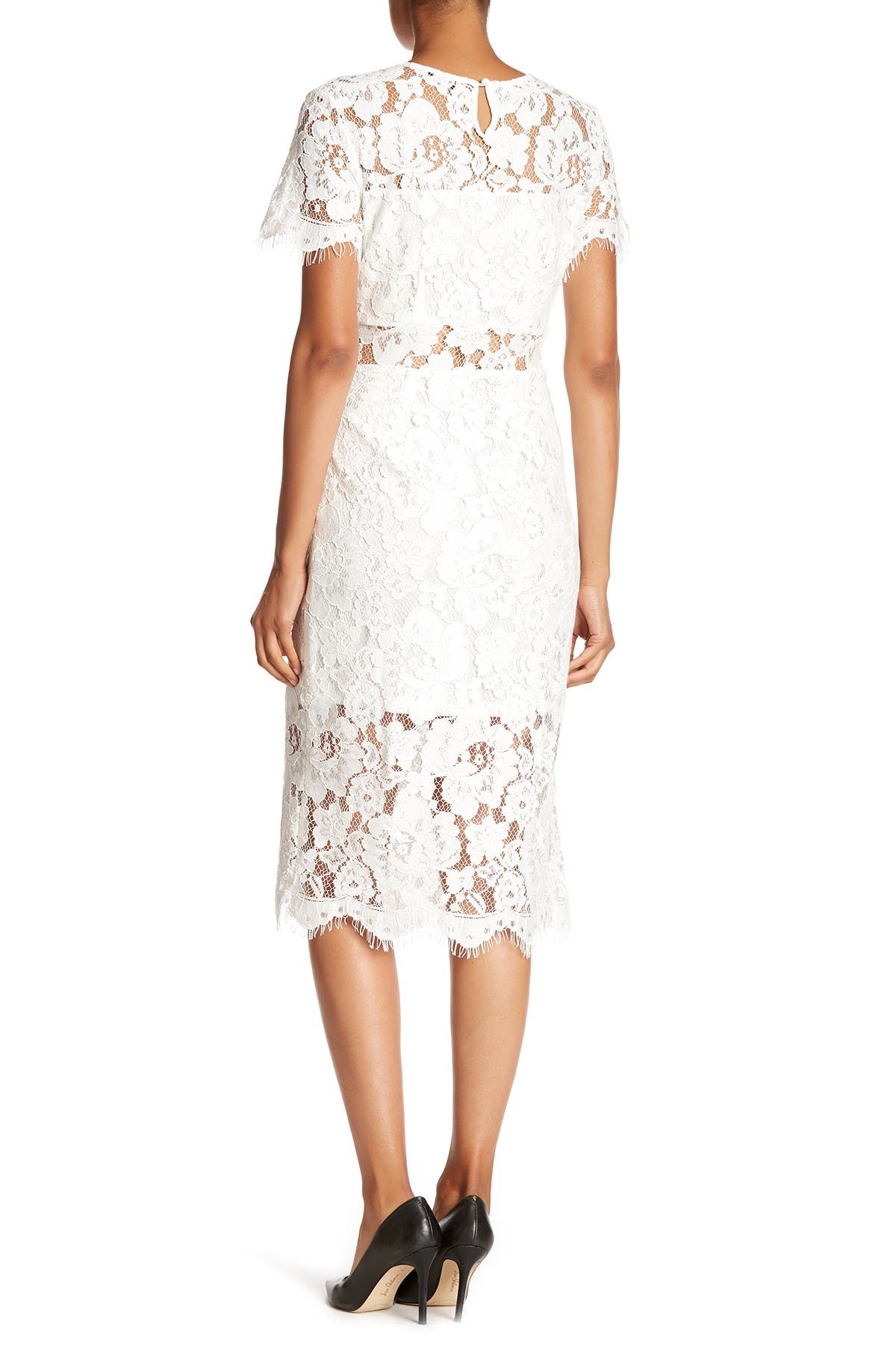 nsr lace short sleeve sheath midi dress