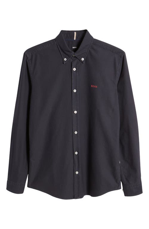 Shop Hugo Boss Boss Roan Solid Cotton Button-down Shirt In Dark Blue