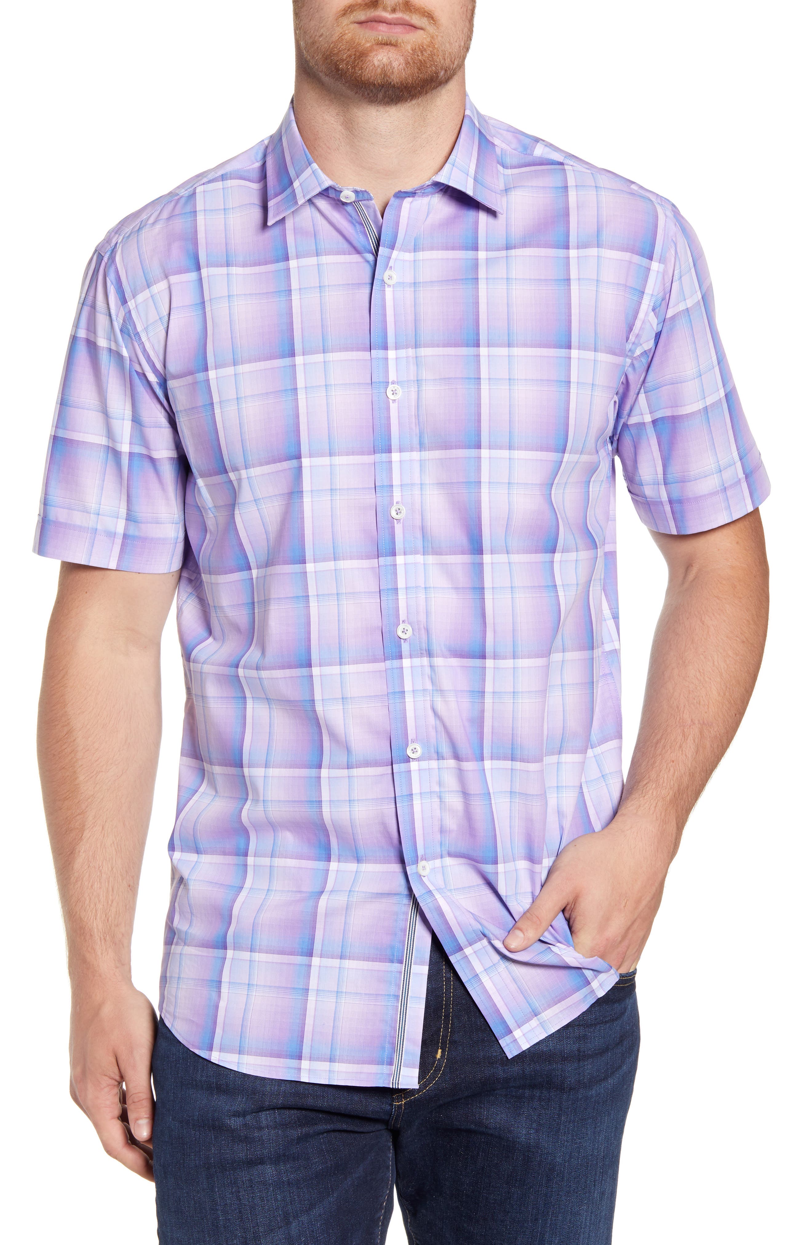 Bugatchi Shaped Fit Plaid Short Sleeve Button-Up Sport Shirt, Purple