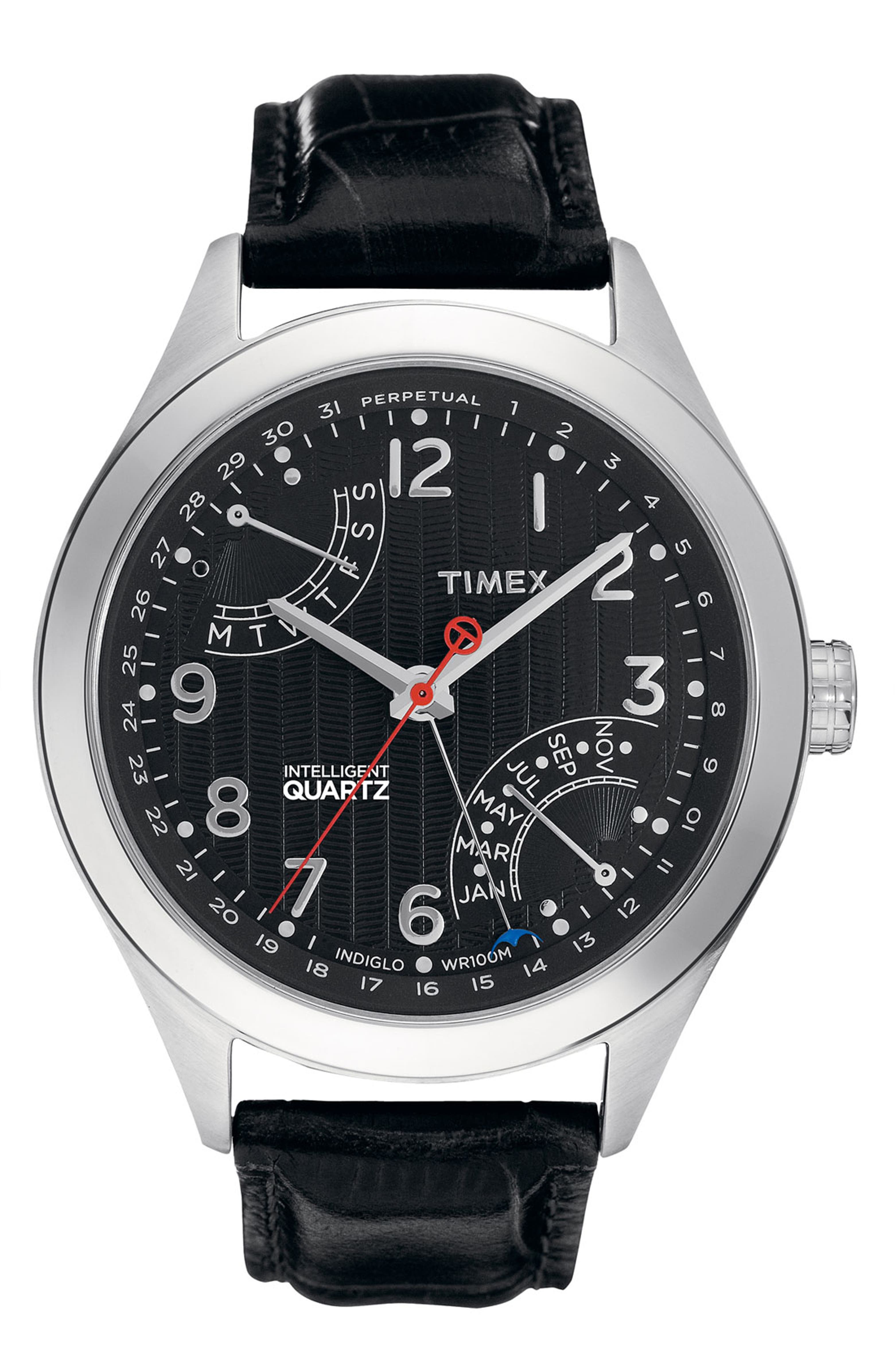 Timex® 'Intelligent Quartz' Perpetual Calendar Leather Strap Watch