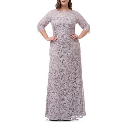 Plus Size Js Collections Bateau Neck Lace Gown