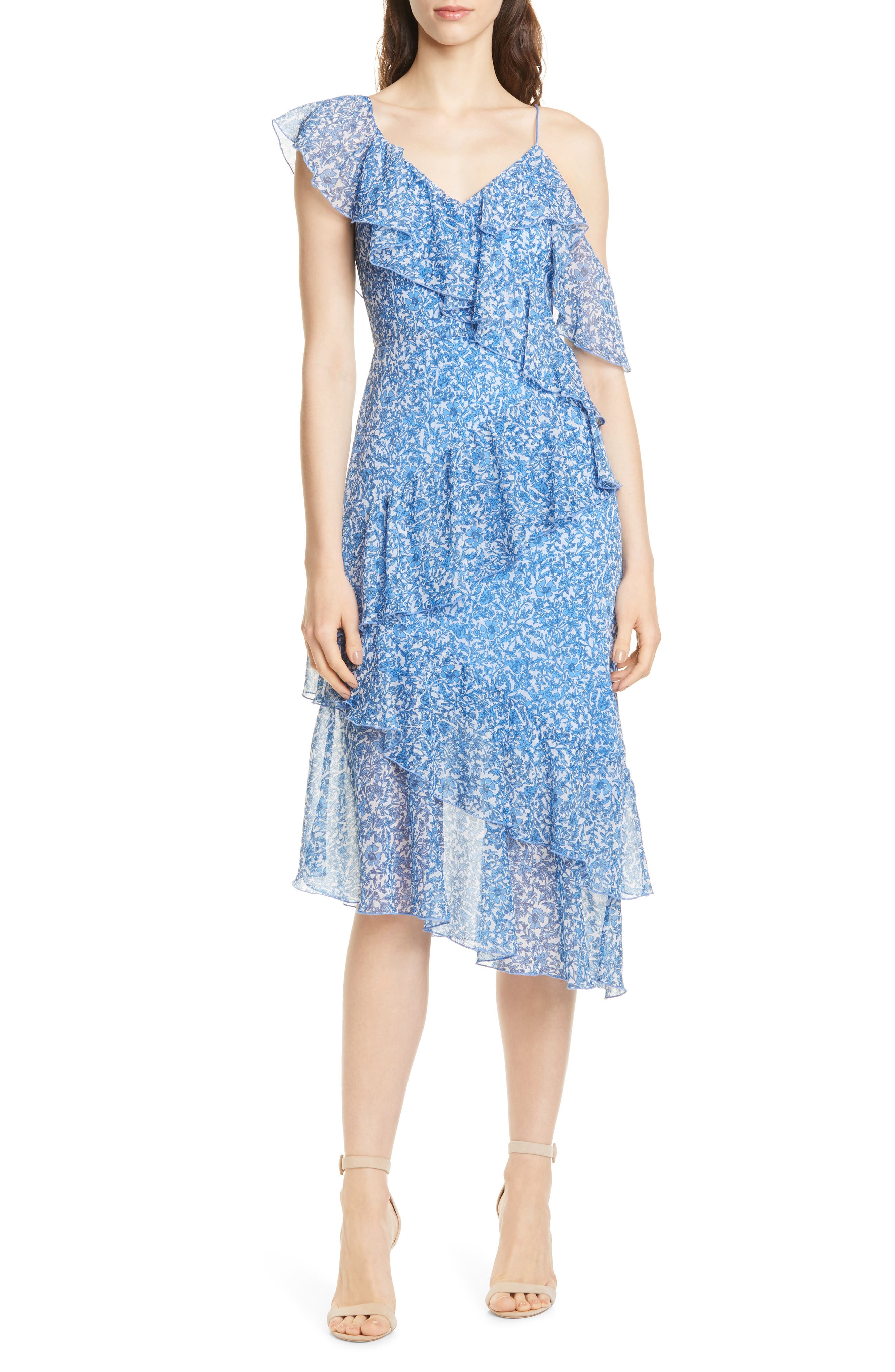 Alice + Olivia Olympia Asymmetrical Ruffle Dress, Blue