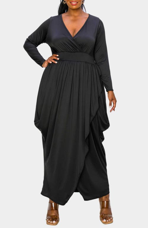 Shop L I V D Giuliana Long Sleeve Tulip Hem Faux Wrap Maxi Dress In Black