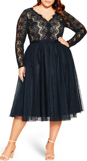 City Chic Rare Beauty Lace Bodice Long Sleeve Dress