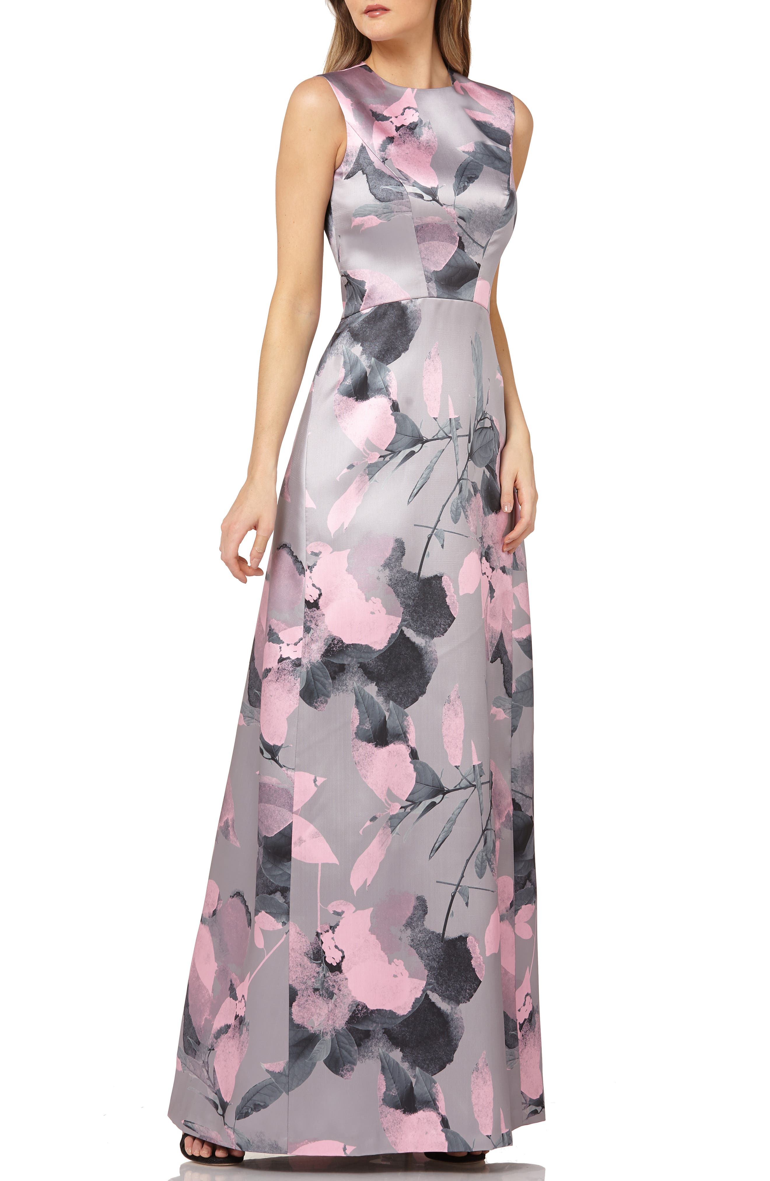 Kay Unger Floral Print Satin Gown, Grey