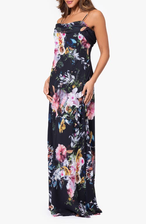 Shop Betsy & Adam Floral Print Cowl Neck Gown In Black/multi