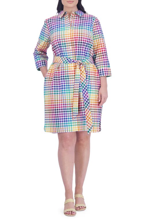 Rocca Rainbow Gingham Belted Three-Quarter Sleeve Cotton Shirtdress in Multi Plaid