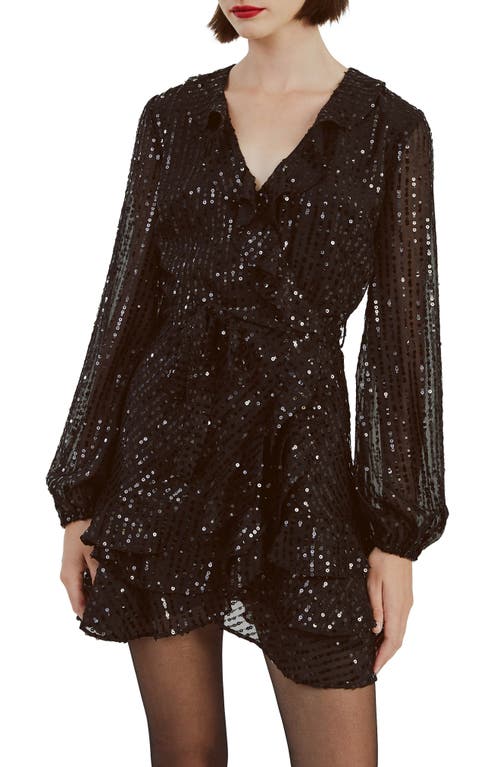 Shop Bardot Sequin Ruffle Long Sleeve Minidress In Black