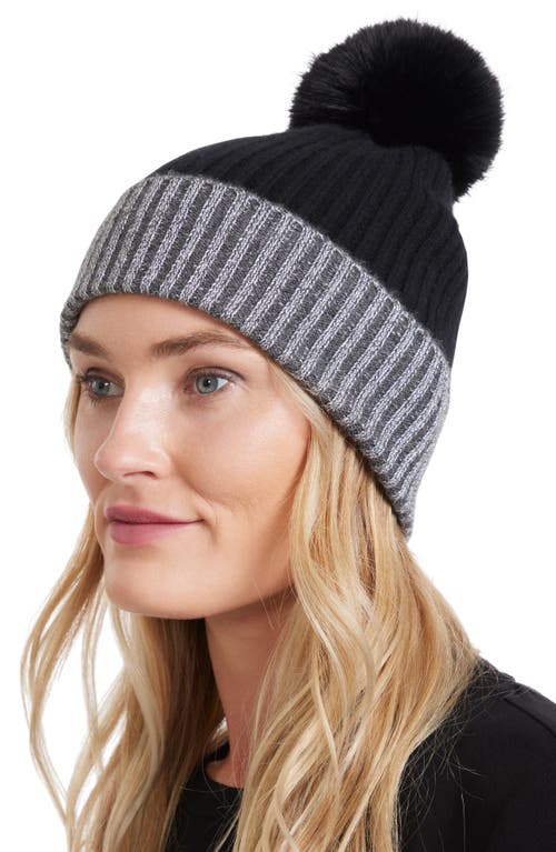 Shop Sofia Cashmere Ribbed Cashmere Knit Beanie With Faux Fur Pompom In Black/charcoal