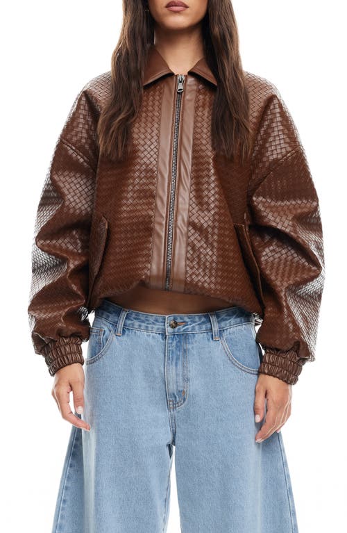 LIONESS Kenny Woven Faux Leather Bomber Jacket in Chocolate 