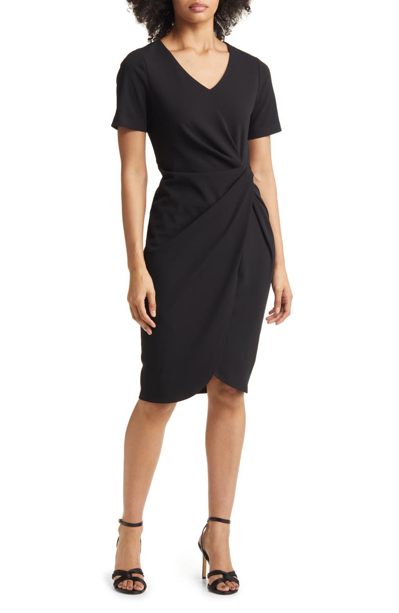 Tahari ASL Stretch Crepe Side Knot Dress, Main, color, Black