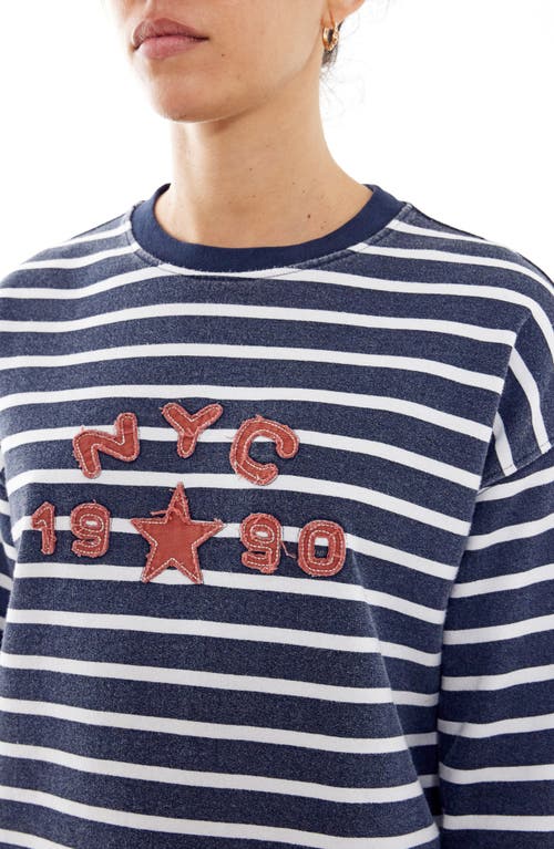 Shop Bdg Urban Outfitters Nyc 1990 Appliqué Stripe Long Sleeve Cotton Graphic T-shirt In Navy Stripe