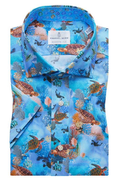 Emanuel Berg Modern Fit Aquatic Print Short Sleeve Stretch Cotton Button-Up Shirt in Bright Blue