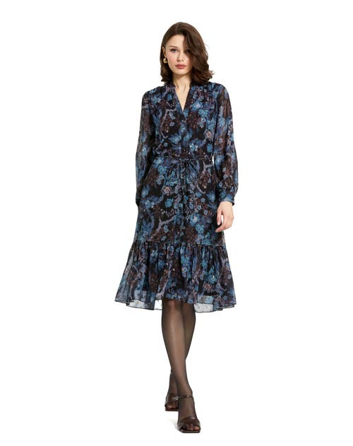 Mac Duggal Lurex Chiffon Bishop Sleeve Button Up Midi Dress In Black Multi