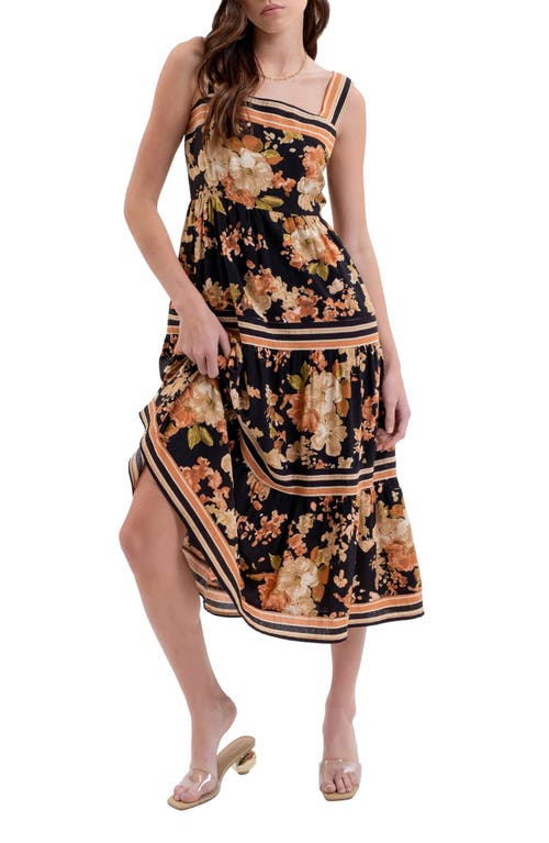 August Sky Sleeveless Tiered Midi Dress In Black Multi