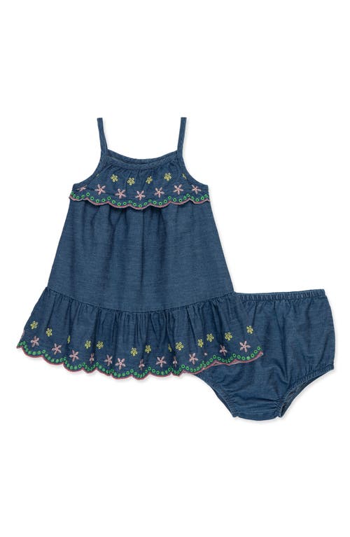 Little Me Embroidered Chambray Sundress & Bloomers In Blue