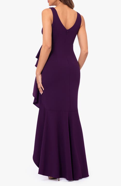 BETSY & ADAM BETSY & ADAM V-NECK CASCADE RUFFLE HIGH-LOW GOWN