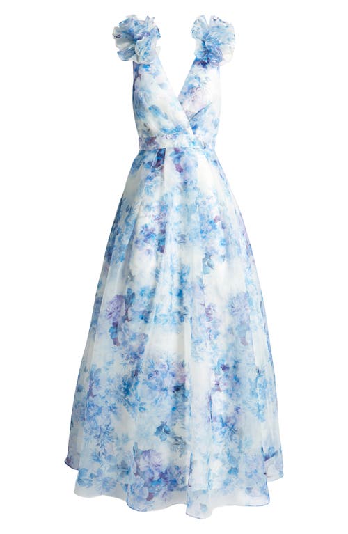 Shop Julia Jordan Ruffle Floral Gown In Ivory/blue