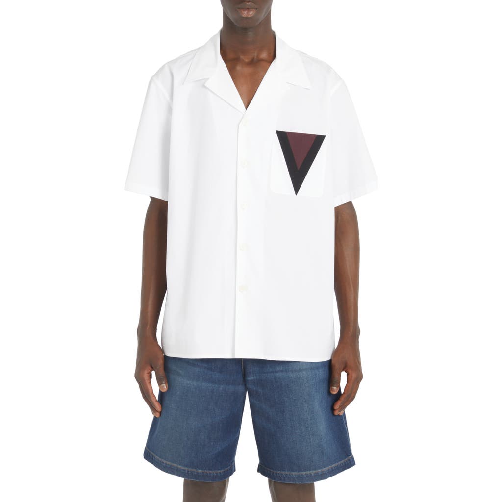 Valentino Logo Patch Cotton Poplin Camp Shirt In Bianco/nero/bordeaux