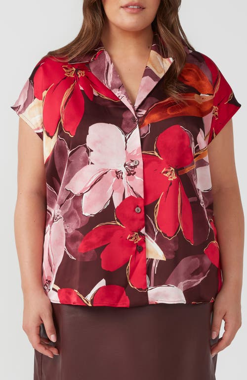 Estelle Scarlett Cap Sleeve Satin Button-up Shirt In Floral Print