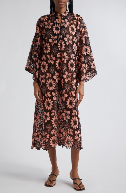 Floral Open Lace Cover-Up Maxi Caftan in Peach