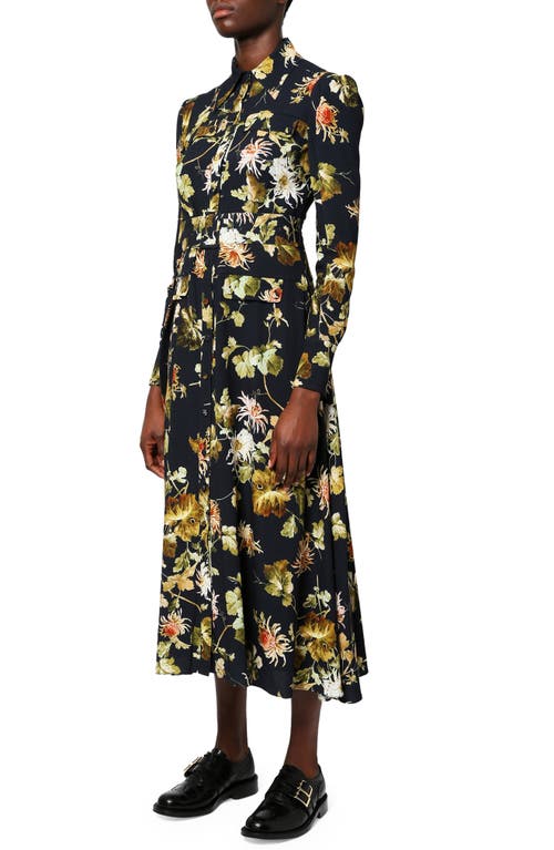 Erdem Uriel Agar Vine Floral Print Belted Long Sleeve Crepe Midi Dress in Navy