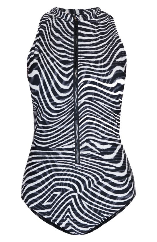 Shop Sweaty Betty Vista High Neck Zip-up One-piece Swimsuit In Grey Exposure Print