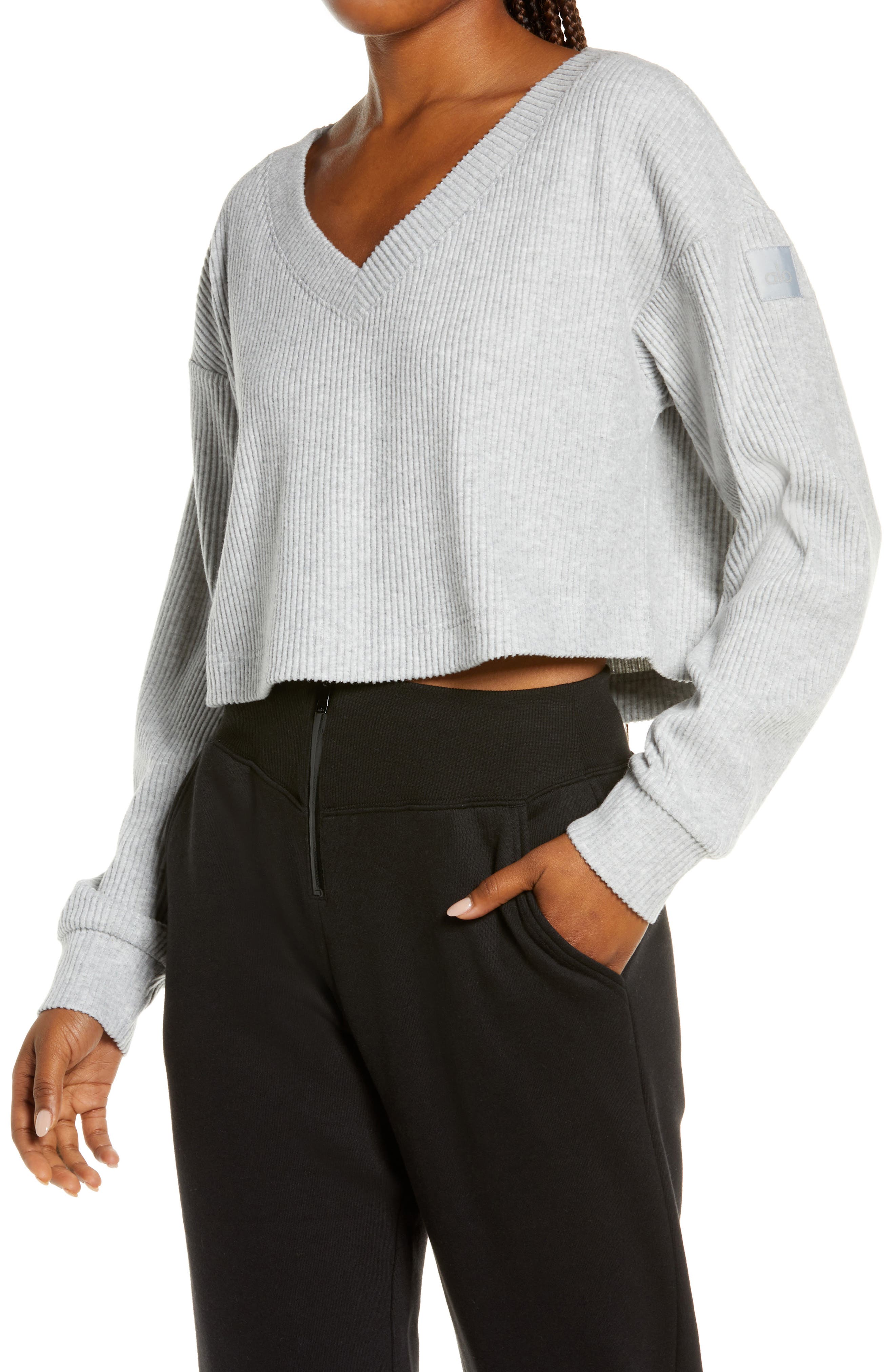 Alo Muse Ribbed Crop Pullover in Blue Skies Heather
