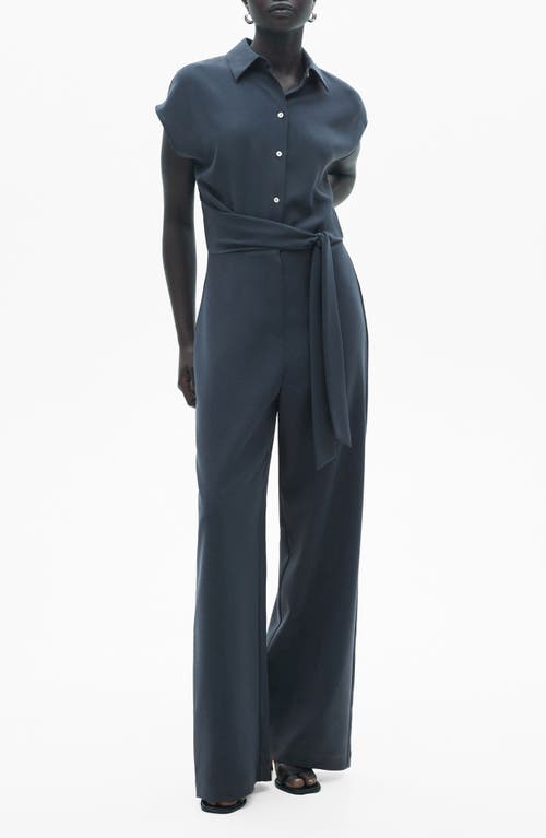 Mango Tie Waist Jumpsuit In Indigo Blue