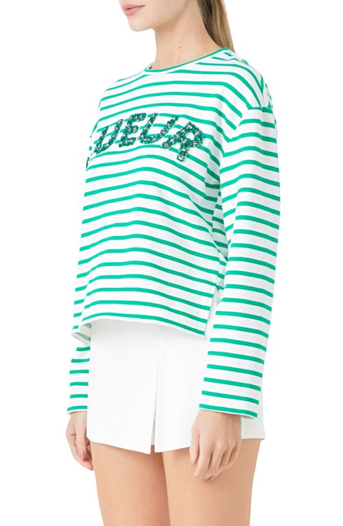 Shop Endless Rose Lueur Stripe Long Sleeve Knit Top In White/green