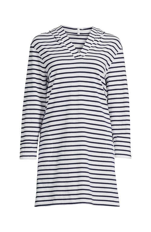 Shop Lands' End Plus Size Cotton Jersey Long Sleeve Hooded Swim Cover-up Dress In White/deep Sea Stripe