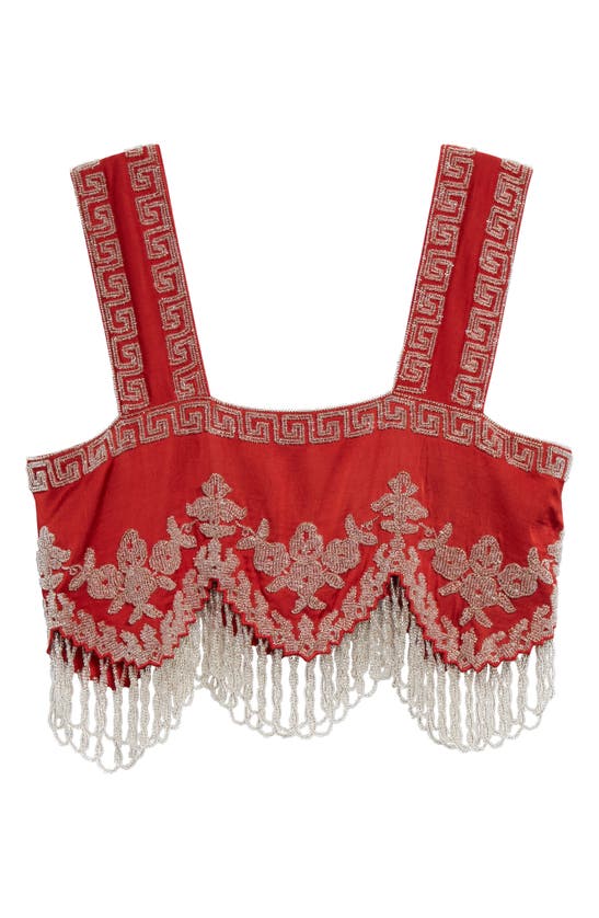 Shop Bode Amrita Beaded Fringe Crop Top In Red